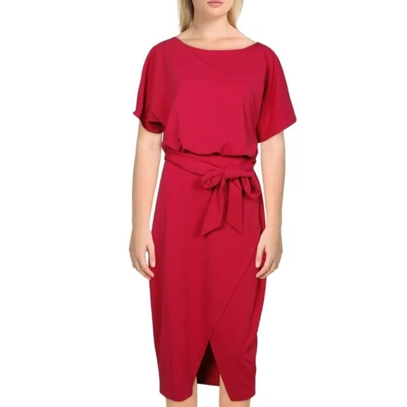 Kensie Women's Boat-Neck Faux-Wrap Blouson Midi Dress Red EUC Large - Picture 5 of 11